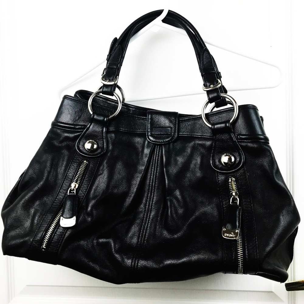 DKNY Black Leather Large Purse Hobo Silver PB1